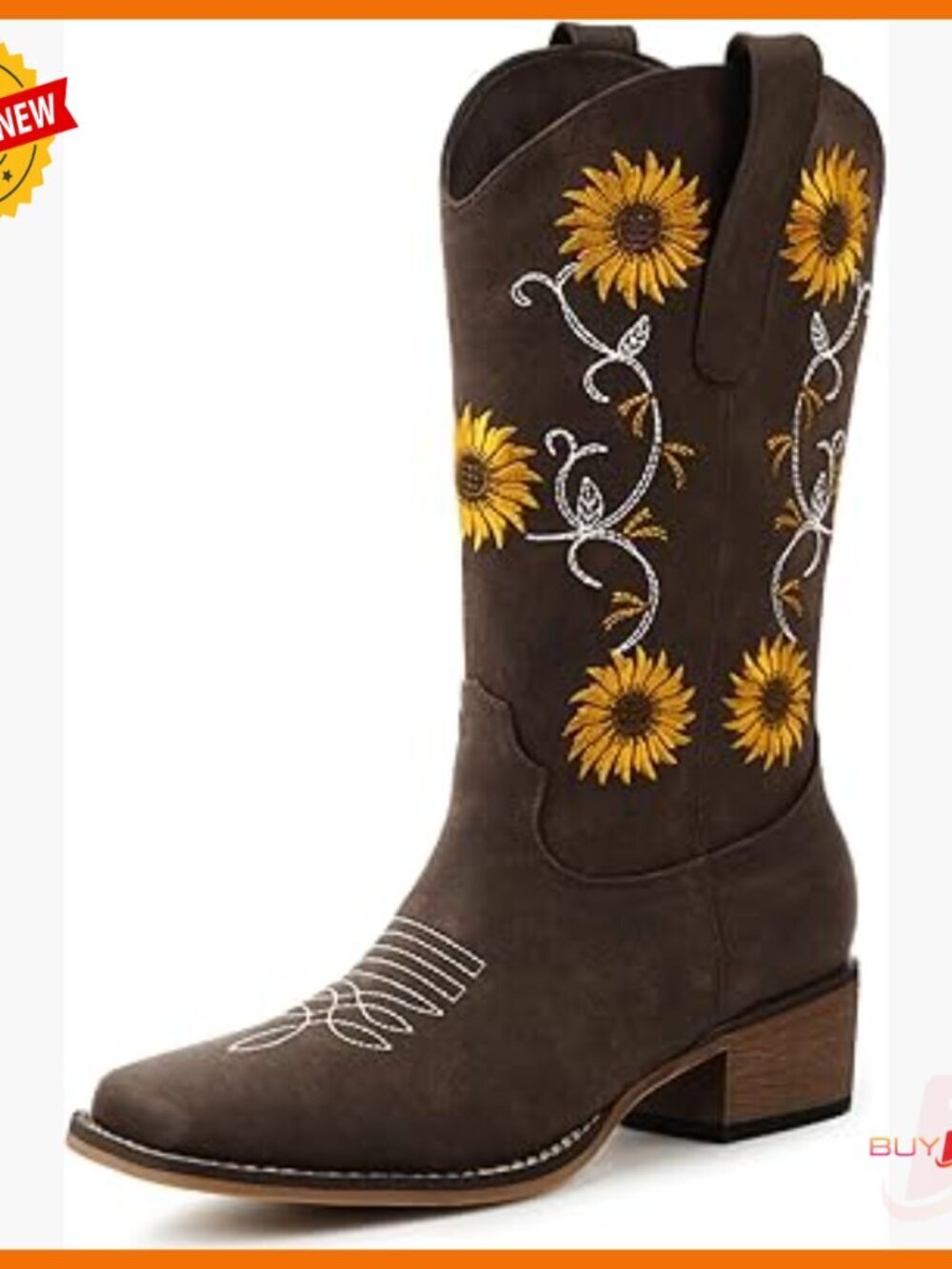 Square Toe Cowboy Boots Mid Calf Sunflower Embroidery Chunky Heel Pull On